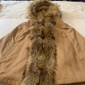 Luxurious Soft and Cozy Hooded  Women's Tan Cape with Faux Fur Trim